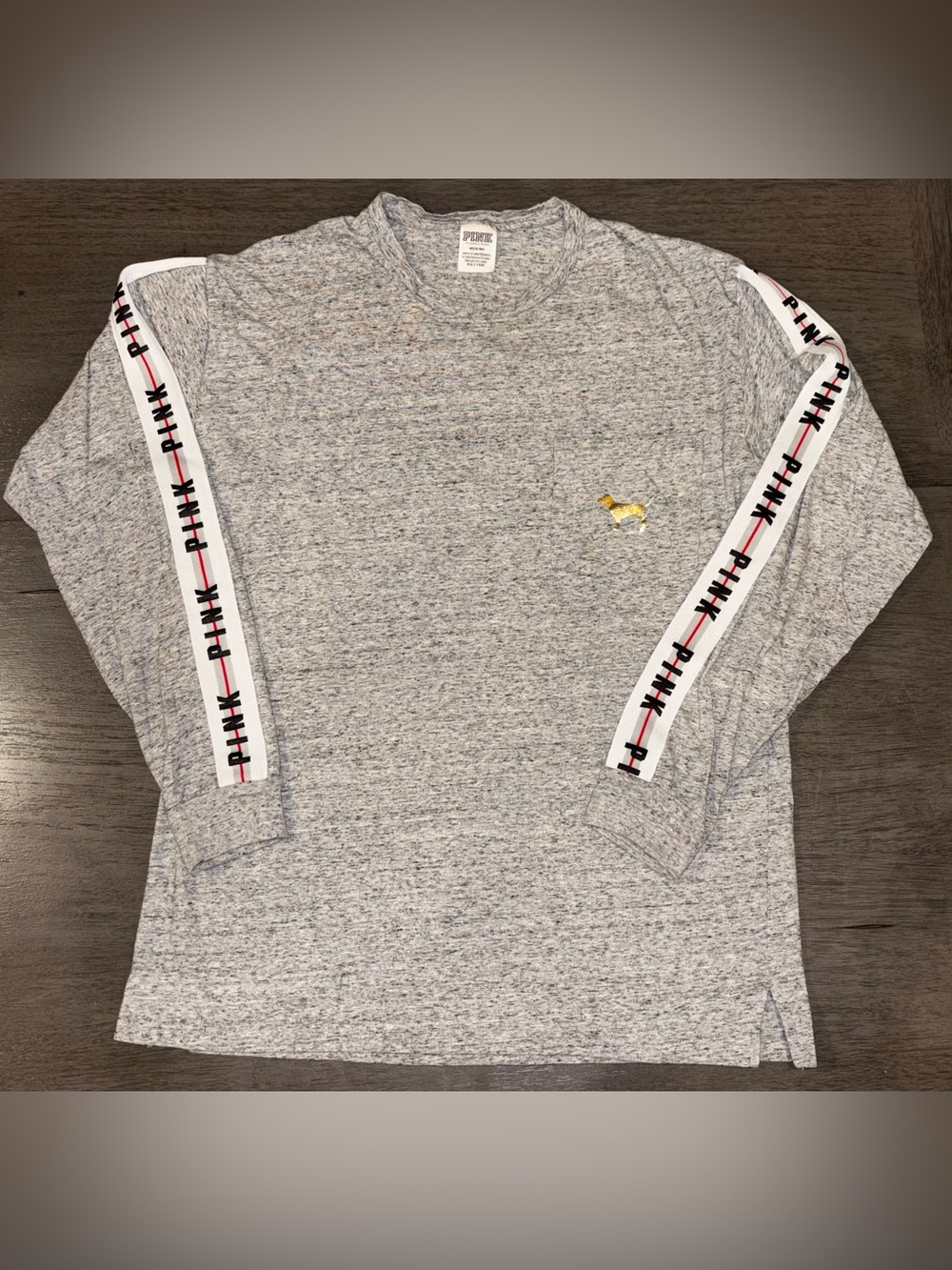 PINK Victoria's Secret Heather Gray Long Sleeve Crew with Logo Tape